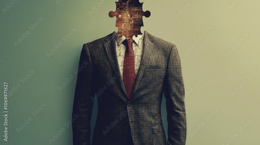 Poster a suited figure with a missing head shaped like a puzzle piece, symbolizing identity and complexity.