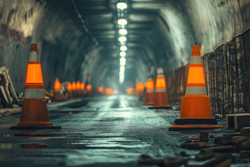 Dimly lit tunnel with orange traffic cones and reflective wet pavement, creating an eerie and mysterious ambiance under overhead lights.