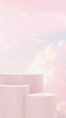 Background featuring an empty product display mockup with a pink backdrop and abstract geometric platforms designed for showcasing merchandise in portrait orientation.