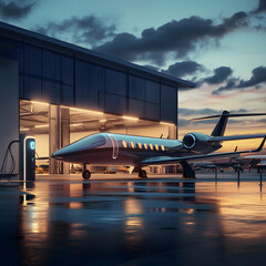 Electric Aircraft in Modern Hangar: A futuristic aircraft at an electric charging station inside a...