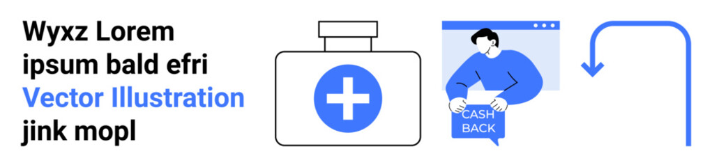 Medical bottle with cross, man in blue holding cash back sign in browser window, and curved arrow. Ideal for healthcare, e-commerce, marketing, financial services, website navigation, UI design