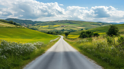 Naklejka premium Empty asphalt road through a picturesque countryside, symbolizing travel and journey -