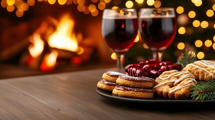 Obraz premium Festive Christmas Cookies and Wine by the Fireplace. Image Illustration background for presentation and wallpaper Beautiful picture