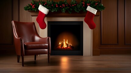 Cozy Christmas Fireplace with Red Leather Chair and Stocking. Image Illustration background for presentation and wallpaper Beautiful picture