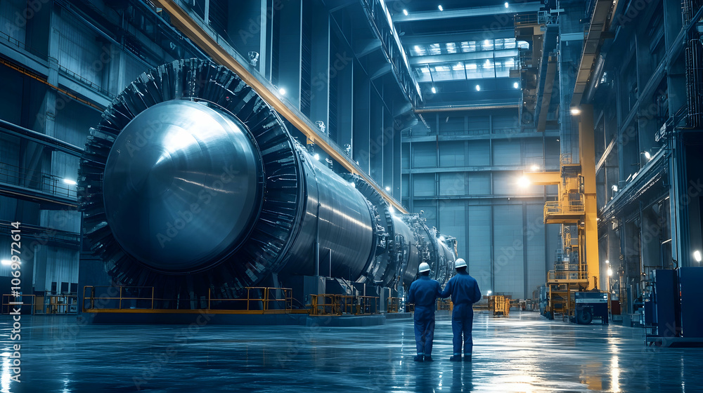 Poster engineers monitoring a large hydrogen generator in an industrial setting, ensuring efficient power g