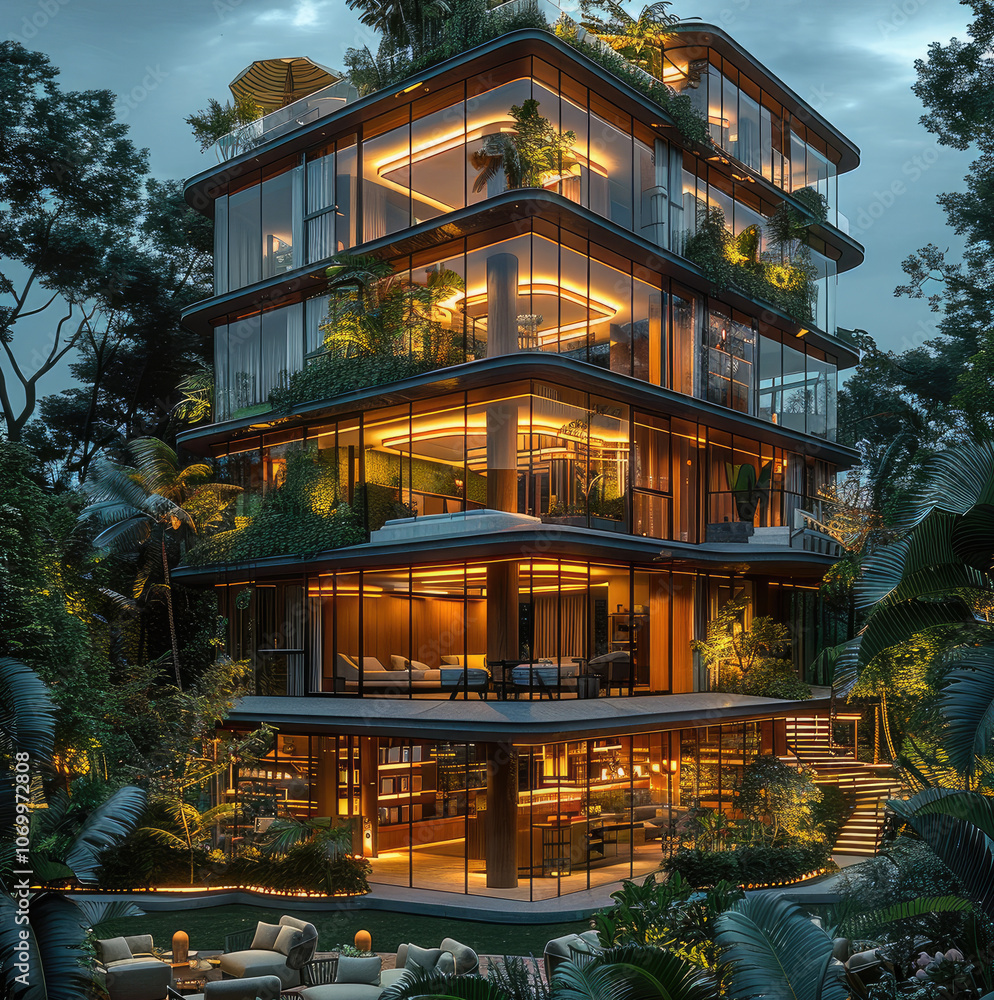 Aufkleber a tall architectural building designed for evening relaxation, featuring multi-level social areas wi