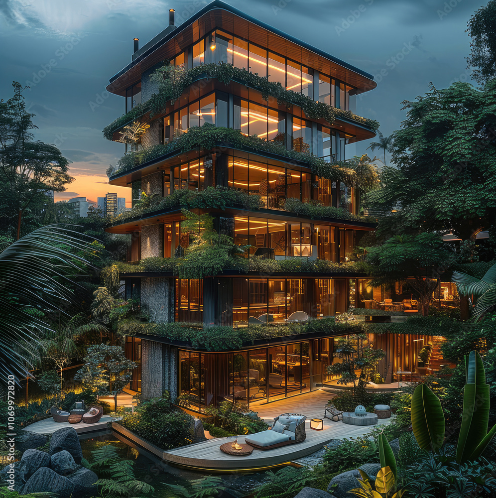 Poster a tall architectural building designed for evening relaxation, featuring multi-level social areas wi
