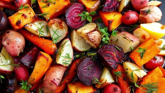 Variety of root vegetables including beets, carrots, and potatoes are roasted until tender and seasoned with fresh herbs