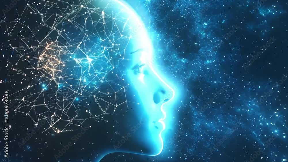 Poster artificial intelligence concept with a human head made of connecting lines and dots representing the