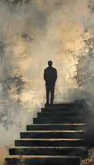 Figure standing on steps, gazing thoughtfully at the sky -
