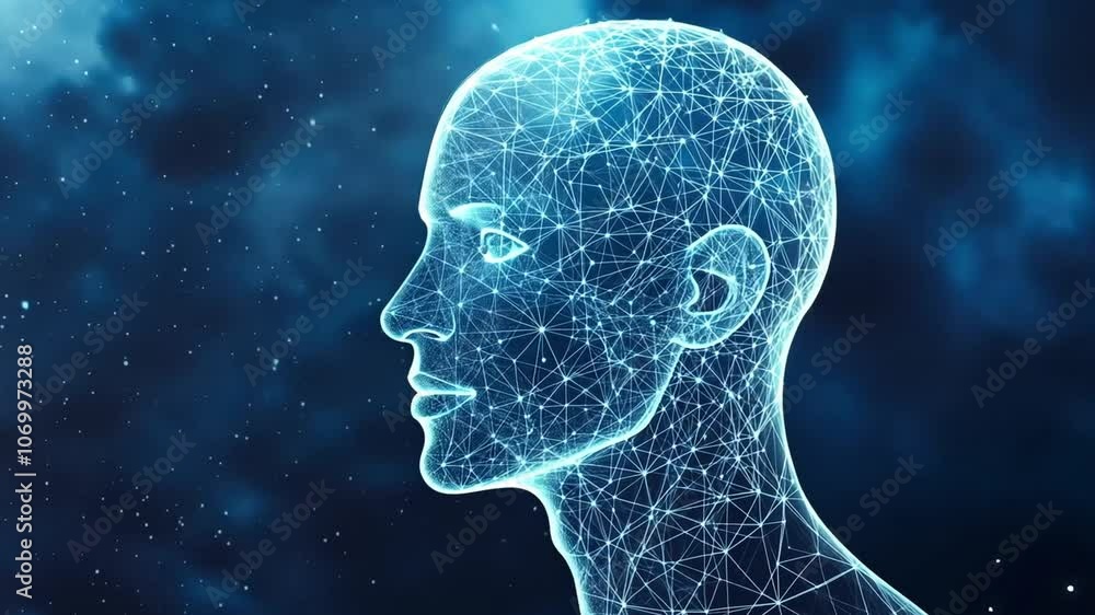 Poster artificial intelligence concept with a human head made of connecting lines and dots representing the