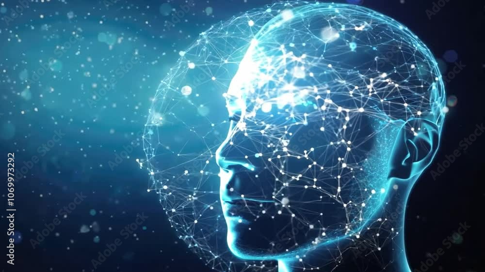 Poster artificial intelligence concept with a human head made of connecting lines and dots representing the