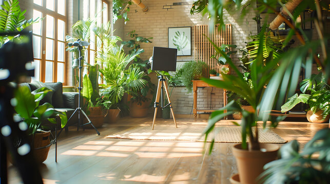 A modern and stylish photo studio with natural light, a high-quality camera on the counter, live plants and laconic decor. Photos and videos for personal blogs and interviews