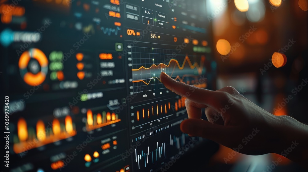 Fototapete Hand pointing at a digital screen with data graphs and bar charts on it, close-up of a finger touching the display showing a financial dashboard in an office.