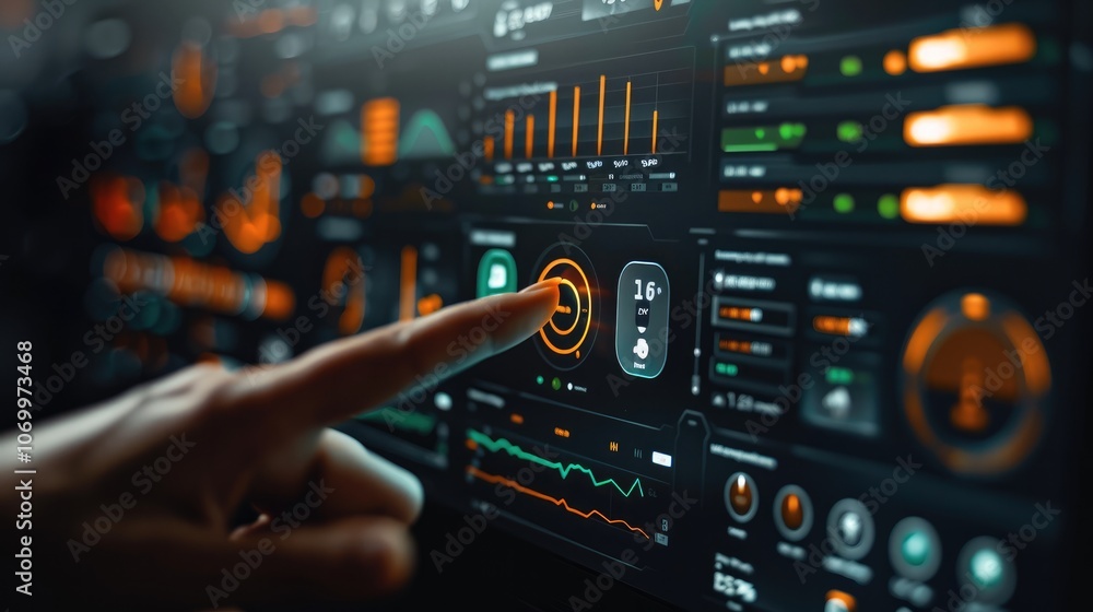 Poster Hand pointing at a digital screen with data graphs and bar charts on it, close-up of a finger touching the display showing a financial dashboard in an office.