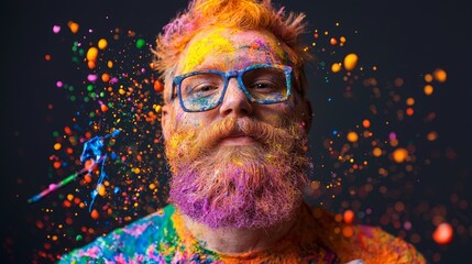 Creative Inspiration - Portrait of a Joyful Man with a Colorful Beard Surrounded by Paint Splashes and Artistic Tools