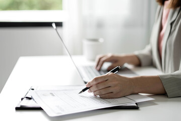 Business woman employer Check history resume hiring recruit looking cv resume to hire candidates,...