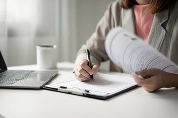 Business woman employer Check history resume hiring recruit looking cv resume to hire candidates, analyzing information before job interview. Recruitment concepts