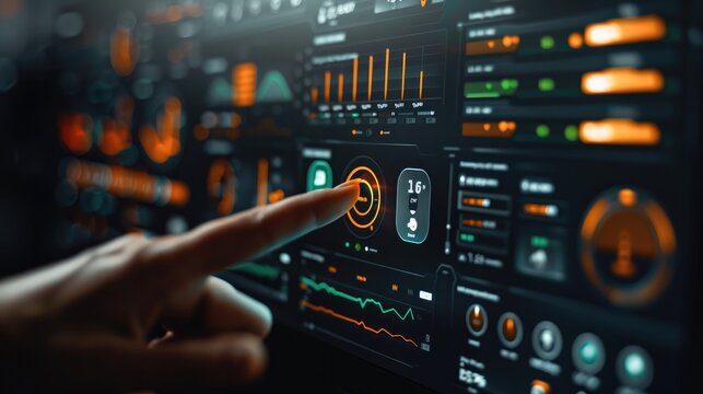 Hand pointing at a digital screen with data graphs and bar charts on it, close-up of a finger touching the display showing a financial dashboard in an office.