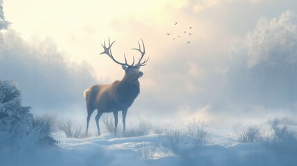 Fototapeta premium Majestic deer standing in a snowy meadow with a soft, foggy background