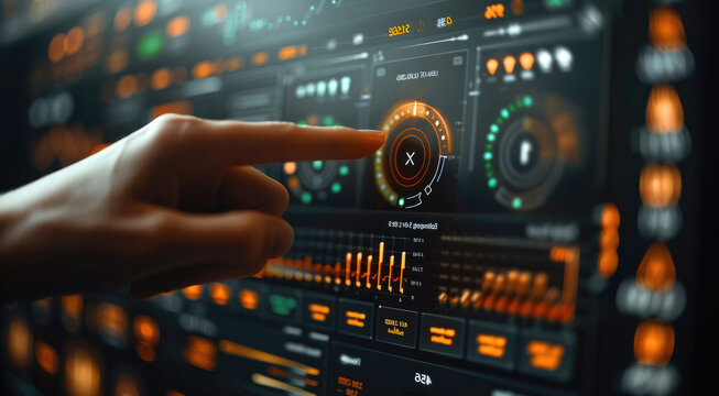 Hand pointing at a digital screen with data graphs and bar charts on it, close-up of a finger touching the display showing a financial dashboard in an office. - Powered by Adobe