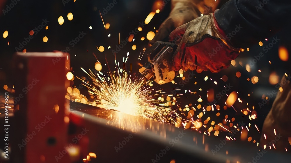 Poster a worker using a grinder, creating sparks in a manufacturing setting.