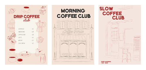Collection of Coffee Club posters. Coffee aesthetic illustration. Editable vector illustration.
