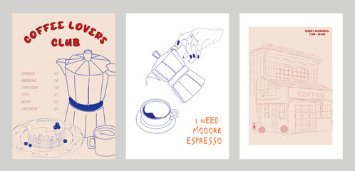 Collection of Coffee Club posters. Coffee aesthetic illustration. Editable vector illustration.