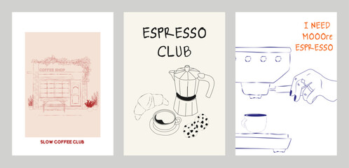 Collection of Coffee Club posters. Coffee aesthetic illustration. Editable vector illustration.