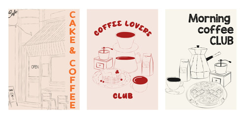 Collection of Coffee Club posters. Coffee aesthetic illustration. Editable vector illustration.