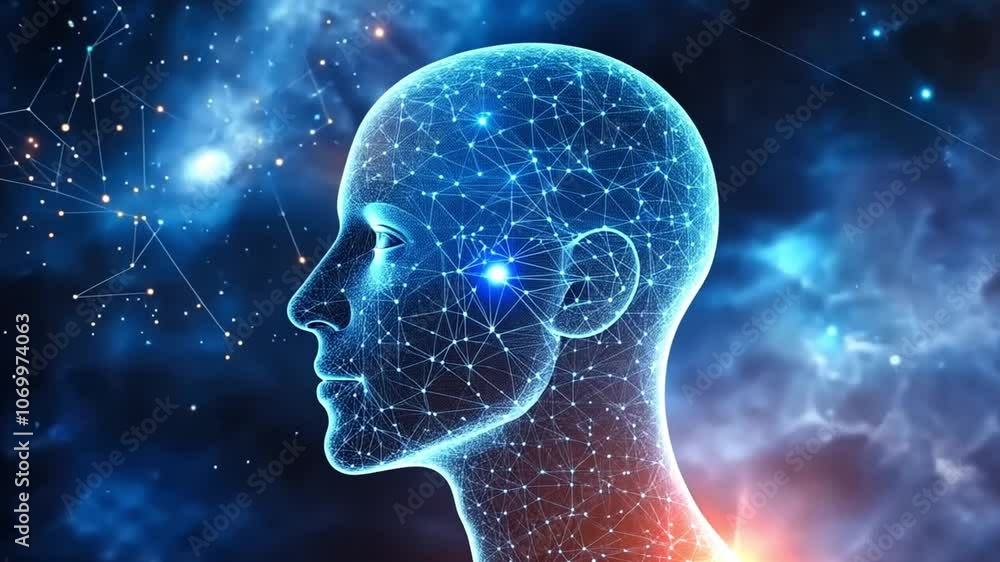Poster artificial intelligence concept with a human head made of connecting lines and dots representing the
