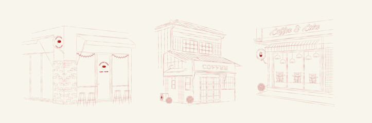 Collection of Coffee Houses in sketch style. Shop facade design. Line art illustration. Vector