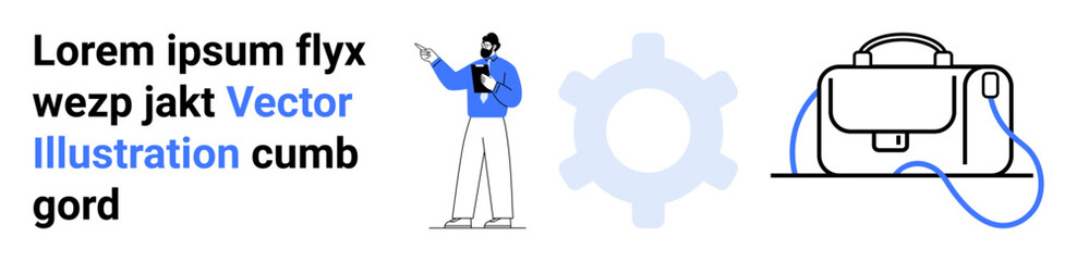 Business character giving presentation beside abstract gear and briefcase icons. Ideal for business presentations, educational materials, corporate branding, marketing, website design, infographics