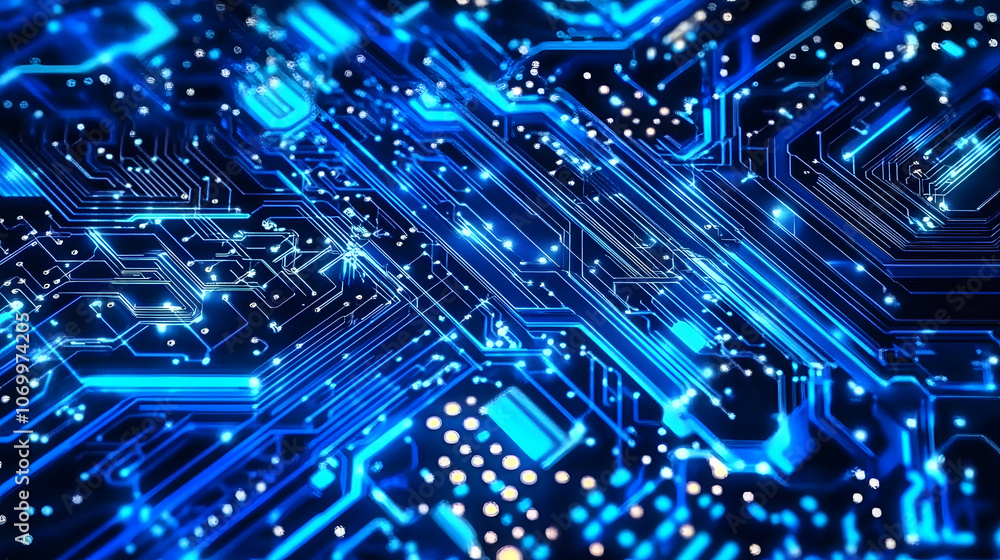 Poster futuristic blue circuit board design showcasing intricate patterns and connections, ideal for techno