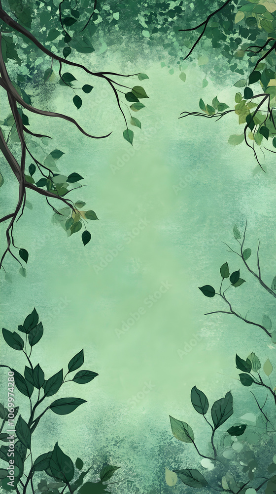 Poster green background with tree branches and leaves, creating a refreshing and vibrant atmosphere -
