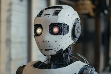 Fototapeta premium A futuristic humanoid robot with intricate design and glowing eyes in a technological setting, showcasing advanced robotics and AI development.