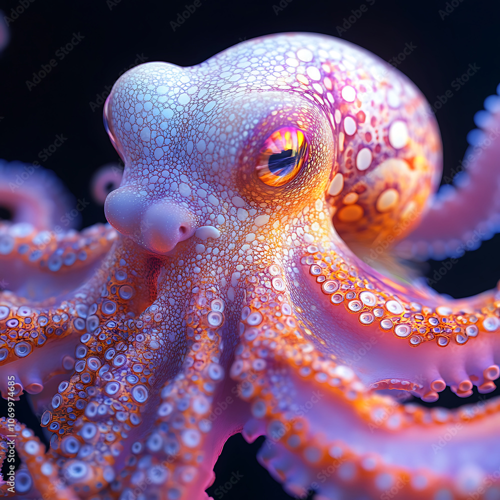Poster macro shot of intricate octopus showcasing its vibrant colors and unique textures. detailed patterns