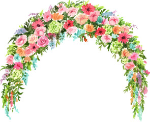 Handdrawn Watercolor Archway of Various Colorful Flowers
