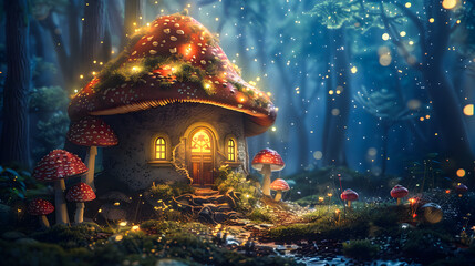 Obraz premium A painting of a mushroom house in a forest at night with lights on the roof and mushrooms around the mushroom house and mushrooms on the ground