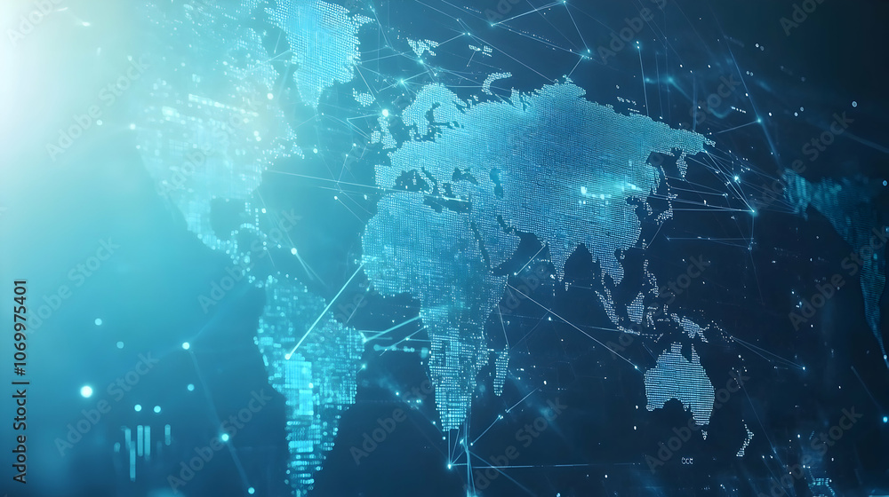 Poster light blue background with digital world map and global network connections -