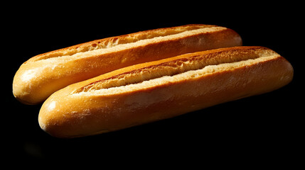 Two freshly baked baguettes with a golden crust lie on a black background.
