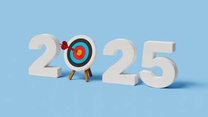 2025 action plan, challenge, strategy, vision and goals. Business planning and strategy for achieving goals. 2025 with bullseye dart hitting the target. 4K 3D animation