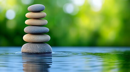 Obraz premium Zen Stones Balanced in Water with Green Blurred Background