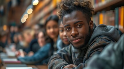 Obraz premium Young student African American male smiles warmly in a library with students. AI generated