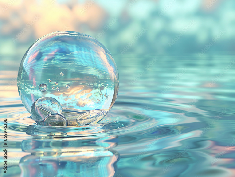 Aufkleber a close-up image of a large clear bubble floating on a water surface, surrounded by gentle ripples a