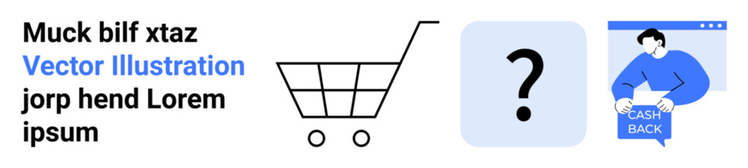 Shopping cart, question mark, person holding cash back sign in a web browser window. Ideal for e-commerce, FAQ sections, online shopping tutorials, customer support, retail marketing, financial
