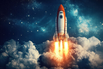 A powerful rocket launches into the night sky, leaving behind trails of fire and smoke against a backdrop of twinkling stars and cosmic mysteries.