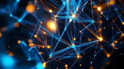 Fototapeta premium Abstract digital network background with glowing connections and geometric shapes in blue and orange tones, representing technology and communication.