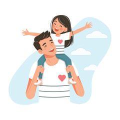 Happy father day. Smiling daughter is sitting on the father's shoulders on white background with clouds. Vector illustration in flat cartoon style