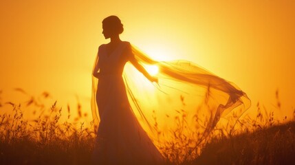Ethereal Beauty: Mystical Woman in Flowing Gown at Sunset